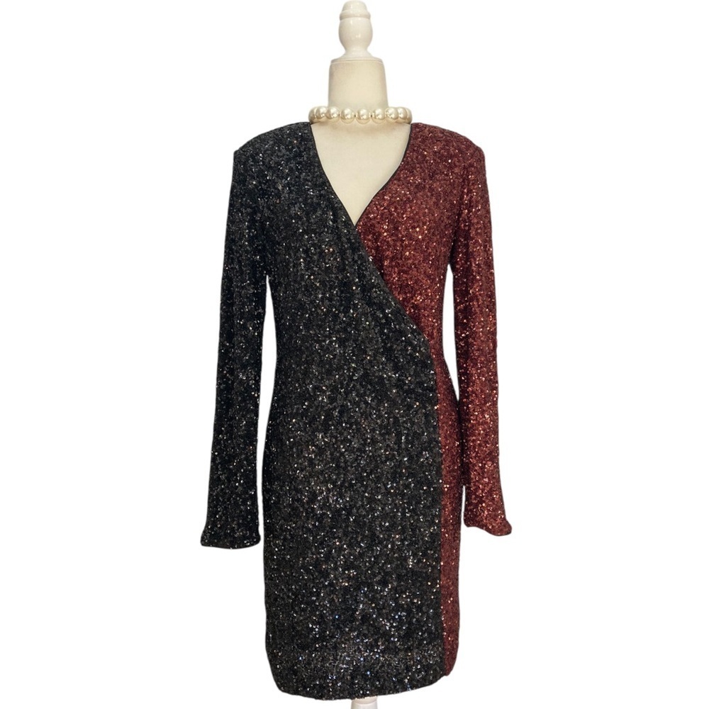 NWT Express Sequin Color Block Faux Wrap Mini Dress Espresso Black - Picture 11 of 15